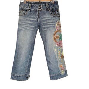 AnnaRita N Vintage Unique Jeans With Embroidery On The Side Cropped Mid Rise S
